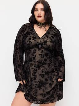 Cider - Mesh V-Neck Women Floral Bow Mini Dress Black