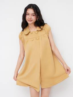 Cider - Suede Collar Women's Puff Sleeve Button Mini Dress Khaki