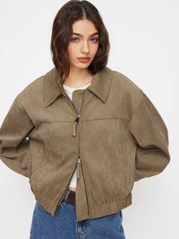 Cider - Suede Collar Women's Oversized Zip-Through Jacket Tan