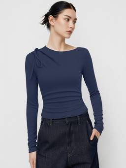 Cider - Ruched Knot Women's Asymmetrical Neck Long Sleeve Top Navy Blue