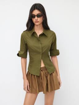 Cider - Cotton Blend Women Roll-Up Sleeve Button-Down Shirt Olive