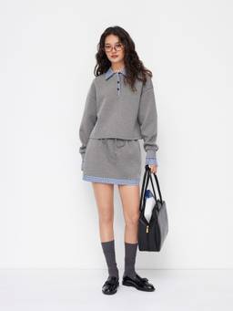 Cider - Plaid Polo Neck Women's Oversized Long Sleeve Top Grey