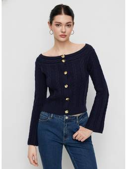 Cider - Multi-way Women’s Cable Knit Boat Neck Metal Detail Cardigan Navy Blue