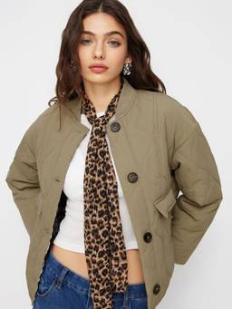 Cider - Leopard Lined Women Quilted Stand Collar Puffer Jacket Green