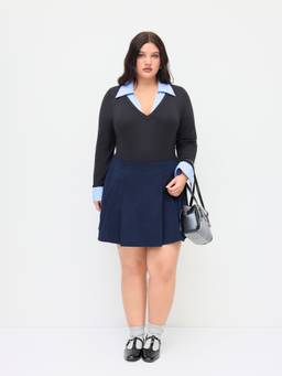 Cider - Corduroy Women Pleated Mid-Waist Mini Skirt Navy Blue