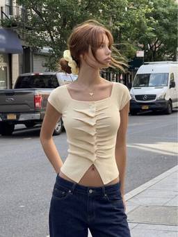 Cider - Knit Women's Ruched Square Neck Short Sleeve Top Yellow