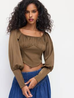 Cider - Women's Off-Shoulder Lace-Up Corset Crop Top Brown