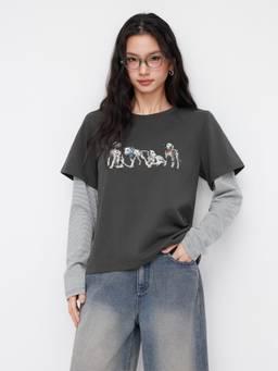 Cider - Two Tone Women's Dog Graphic Striped Oversized T-Shirt Dark Grey