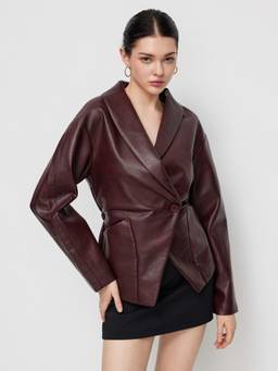 Cider - Faux Leather Women's Elastic Waist Button Jacket Wine
