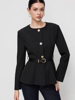 Cider - Metal Button Women Belted Pleated Blazer Black