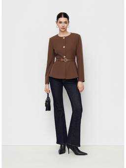 Cider - Metal Button Women's Belted Pleated Blazer Brown
