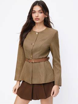 Cider - Metal Button Women's Belted Pleated Round Neck Blazer Tan
