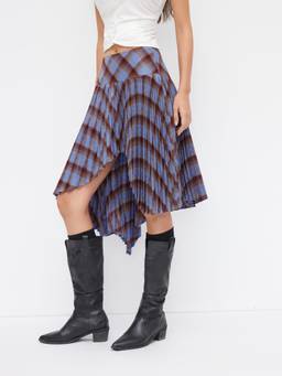 Cider - Plaid Women's Pleated Asymmetrical Hem Midi Skirt Blue