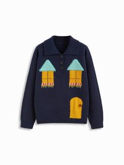 Cider - Knit Collar Women’s Oversized Graphic Pullover Sweater Blue