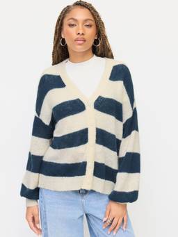 Cider - Mohair-Blend Women’s Oversized V-Neck Striped Cardigan Blue