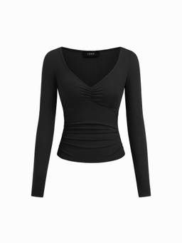 Cider - Ruched Women's V-Neck Full Sleeve Tee Black