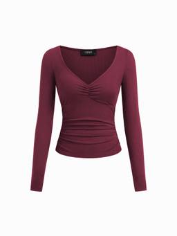 Cider - Ruched Women's V-Neck Long Sleeve Tee Wine