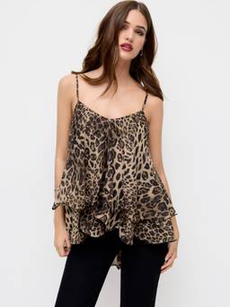 Cider - Chiffon Women's Leopard Print V-Neck Ruffle Hem Cami Top Brown