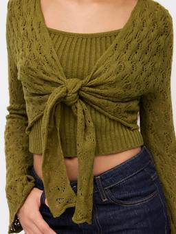 Cider - Knit Women’s V-Neck Tie-Front Bell Sleeve Cardigan Olive