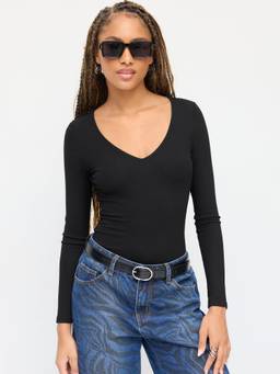 Cider - Solid Women's V-Neck Full Sleeves Bodysuit Black