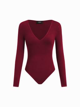 Cider - Solid Women's V-Neck Full Sleeves Bodysuit Wine