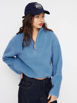 Cider - Fleece Women's Oversized Half-Zip Stand Collar Sweatshirt Blue