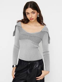 Cider - Knit Collar Women's Striped Full Sleeve Top Grey
