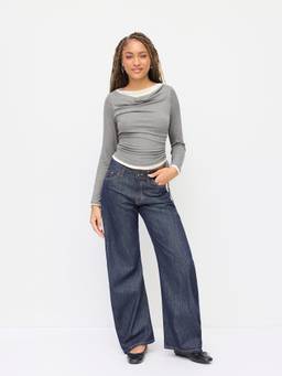 Cider - Two Tone Women Ruched Asymmetrical Hem Top Grey