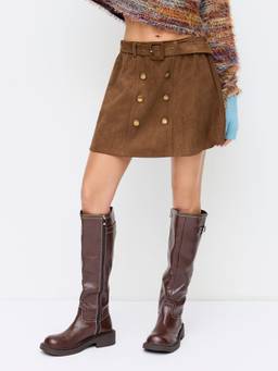 Cider - Suede Women's Mid-Rise Belted Metal Detail Mini Skirt Brown