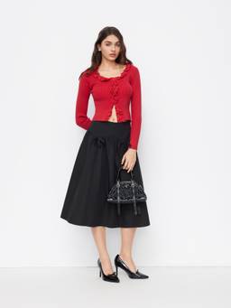 Cider - Rib Knit Women's Lettuce Trim Round Neck Cardigan Red