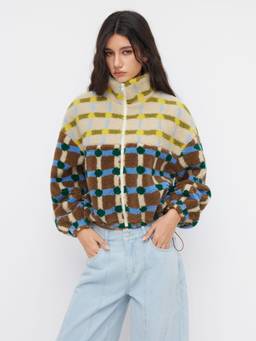 Cider - Two Tone Women's High Neck Drawstring Checks Jacket Brown