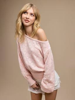 Cider - Two Way Knit Women's Pointelle Boat Neck Oversized Top Pink