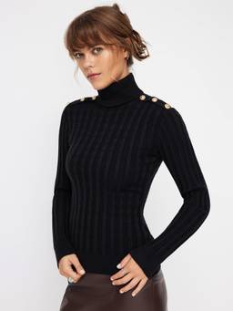 Cider - Cable Knit Women Metal Button High Neck Sweater Black
