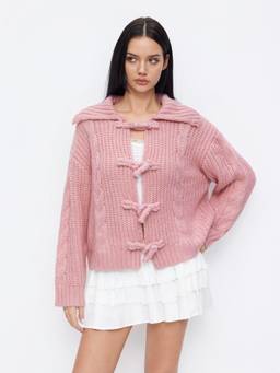 Cider - Cable Knit Women's Tie-Up Collar Cardigan Pink