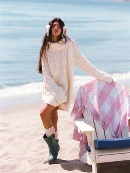 Cider - Cable Knit Women's Turtle Neck Full Sleeves Mini Dress Beige