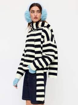 Cider - Striped Women Oversized Round Neck Sweater Black & White