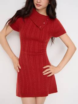 Cider - Cable Knit Women's Asymmetrical Neck A-Line Mini Dress Wine