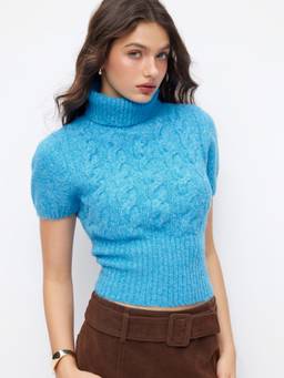 Cider - Wool-Blend Women Cable Knit Turtle Neck Sweater Blue