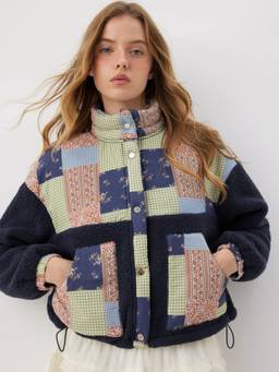 Cider - Floral Patchwork Women Stand Collar Drawstring Jacket Navy Blue