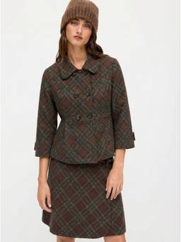 Cider - Jacquard Women Plaid Double Breasted Jacket Brown