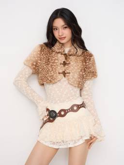 Cider - Faux Shearling Women's Deer Print Toggle Crop Jacket Brown