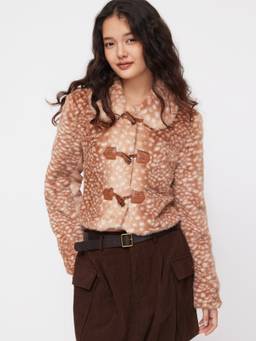Cider - Deer Print Women Faux Fur Collar Toggle Crop Jacket Brown