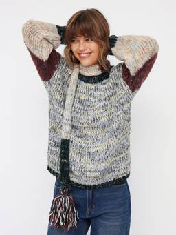 Cider - Wool-Blend Women's Colorblock Round Neck Top Grey