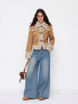 Cider - Suede Women's Faux Fur Collar Toggle Jacket Tan