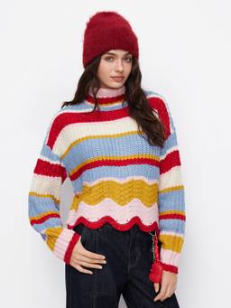 Cider - Striped Colorblock Women's Oversized High Neck Sweater Red