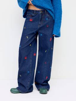 Cider - Marine Life Embroidered Women Low Waist Straight-Leg Jeans Navy Blue