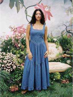Cider - Denim Women's Square Neck Ruffle Tiered Maxi Dress Indigo