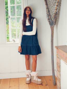 Cider - Heart Applique Women's Oversized Ruffle Hem Pinafore Dress Navy Blue