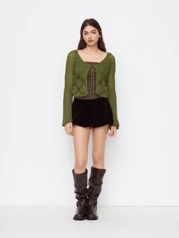 Cider - Knit Women's Sheer V-Neck Tie-Up Cardigan Olive
