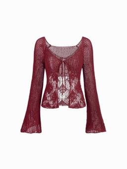 Cider - Knit Women's V-Neck Bell Sleeve Open-Knit Cardigan Wine